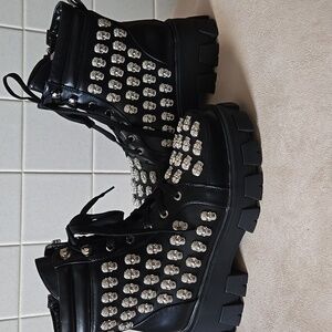 AZALEA WANG    Eternal-Black Diamond Skull Platform Combat Women's Boots SZ 10